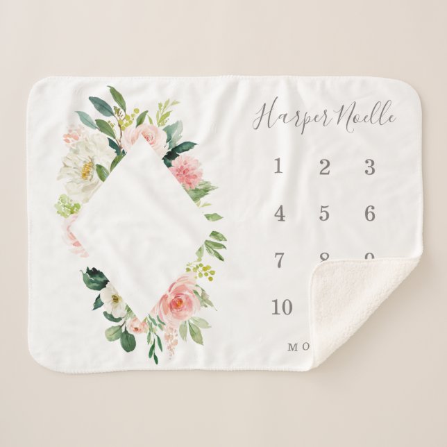 Spring Florals Diamond Baby Milestone Sherpa Blanket (Front (Horizontal))