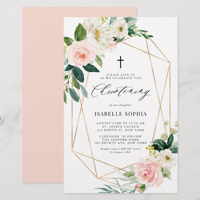 Spring Florals Gold Frame Christening Invitation (Front/Back)