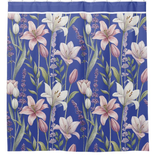 Spring Florals with Blue Background Shower Curtain (Front)