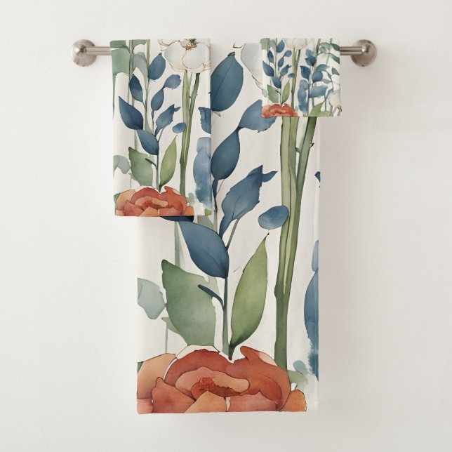 Spring Flower Blossoms  Watercolor Art Bath Towel Set (Insitu)