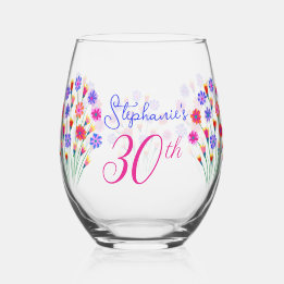 Spring Flower Bouquet Hand Painted 30th Birthday Stemless Wine Glass