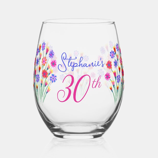 Spring Flower Bouquet Hand Painted 30th Birthday Stemless Wine Glass (Front)