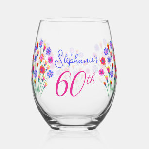Spring Flower Bouquet Hand Painted 60th Birthday Stemless Wine Glass