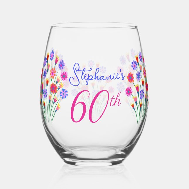 Spring Flower Bouquet Hand Painted 60th Birthday Stemless Wine Glass (Front)