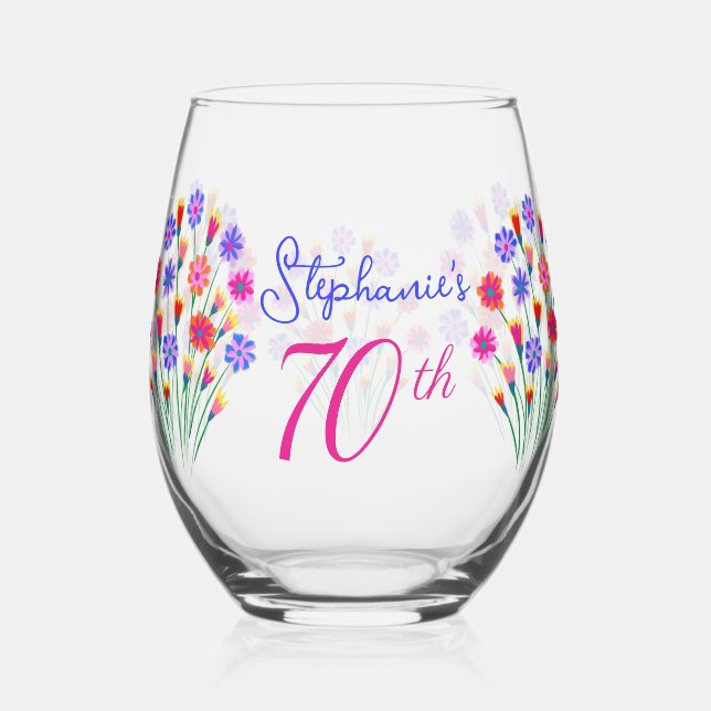 Spring Flower Bouquet Hand Painted 70th Birthday Stemless Wine Glass (Front)