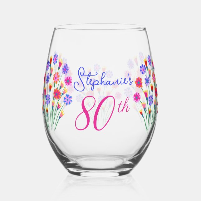 Spring Flower Bouquet Hand Painted 80th Birthday Stemless Wine Glass (Front)