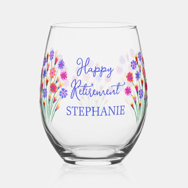 Spring Flower Bouquet Happy Retirement Stemless Wine Glass (Front)