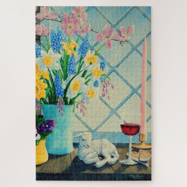 Spring flower bouquet, Lamb of God/wine/passover Jigsaw Puzzle (Vertical)