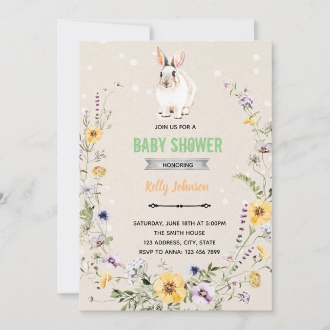 Spring flower bunny shower birthday invitation (Front)