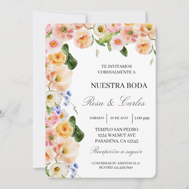 Spring flower frame Spanish Wedding Invitation (Front)