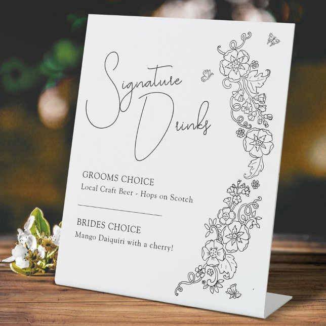 Spring flower line art wedding signature drinks pedestal sign (Creator Uploaded)