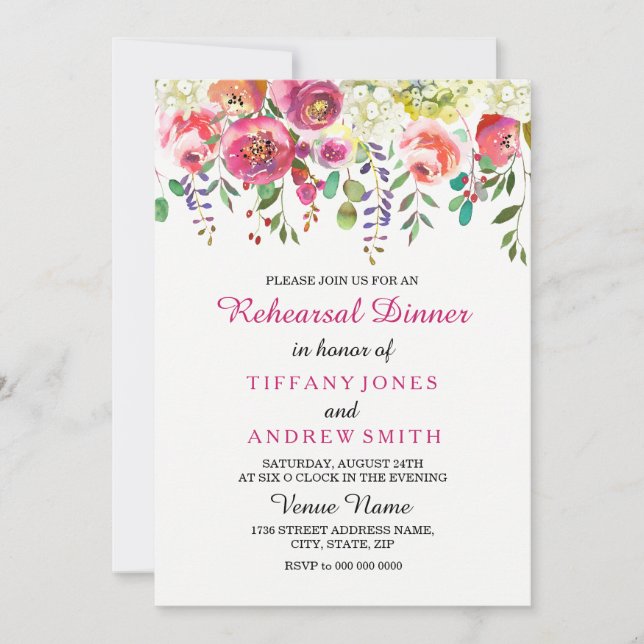 Spring Flower Pink wedding rehearsal dinner invite (Front)
