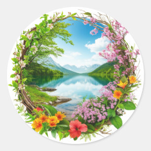Spring Flower Wreath Framing Tranquil Mountain Classic Round Sticker