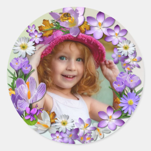 Spring Flowers add Your Photo Classic Round Sticker (Front)