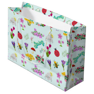 Spring Flowers and Bugs Cute Colourful Blue Large Gift Bag
