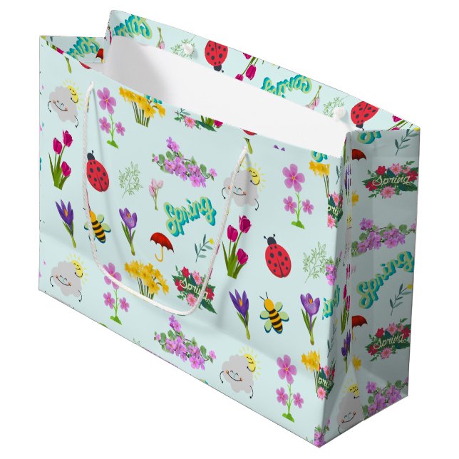 Spring Flowers and Bugs Cute Colourful Blue Large Gift Bag (Front Angled)