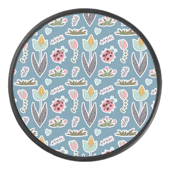 Spring Flowers and Ladybug Pattern Hockey Puck (Front)