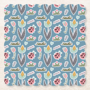 Spring Flowers and Ladybug Pattern Paper Coaster