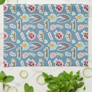Spring Flowers and Ladybug Pattern Tea Towel