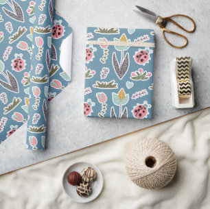 Spring Flowers and Ladybug Pattern Wrapping Paper