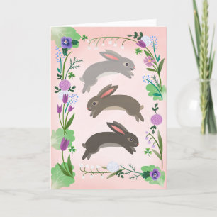 Spring Flowers and Leaping Rabbits   Card