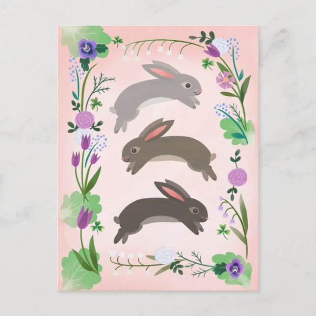 Spring Flowers and Leaping Rabbits | Postcard (Front)