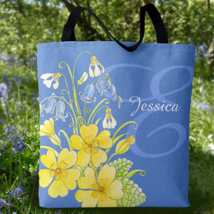 Spring flowers art custom name tote bag