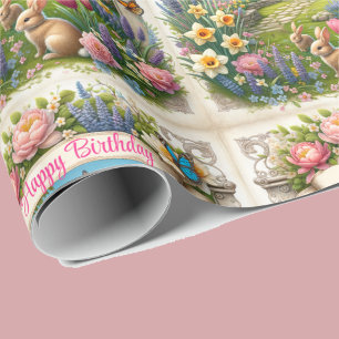 Spring Flowers Banner Name Happy Birthday Tulips Wrapping Paper