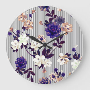 Spring Flowers Black Silhouette Pattern Large Clock