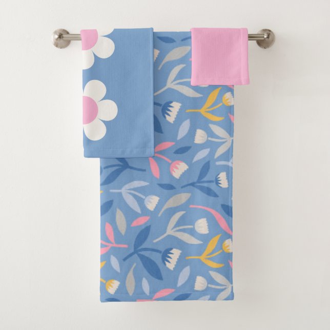 Spring Flowers Blue & Pink Bath Towel Set (Insitu)