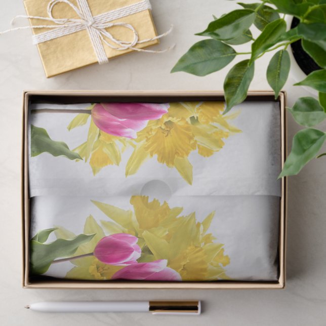 Spring Flowers / Bouquet of Daffodils, Pink Tulips Tissue Paper (Gift)
