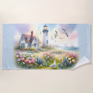 Spring Flowers by Lighthouse Coastal Cottage Beach Towel