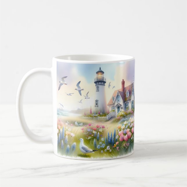 Spring Flowers by Lighthouse Coastal Cottage Coffee Mug (Left)