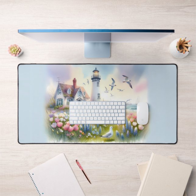 Spring Flowers by Lighthouse Coastal Cottage Desk Mat (Office 1)