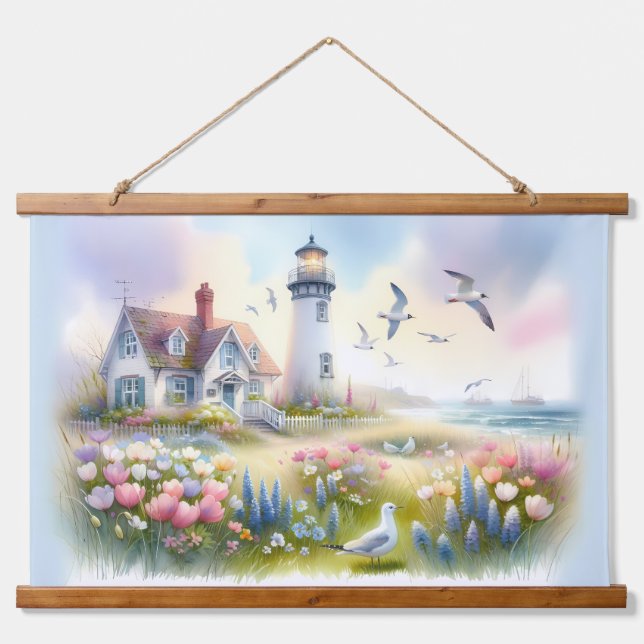 Spring Flowers by Lighthouse Coastal Cottage Hanging Tapestry (Front)