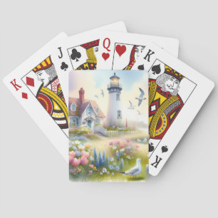 Spring Flowers by Lighthouse Coastal Cottage Playing Cards