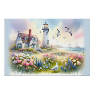 Spring Flowers by Lighthouse Coastal Cottage Poster