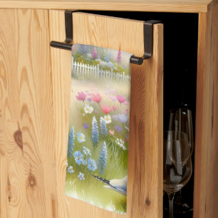 Spring Flowers by Lighthouse Coastal Cottage Tea Towel