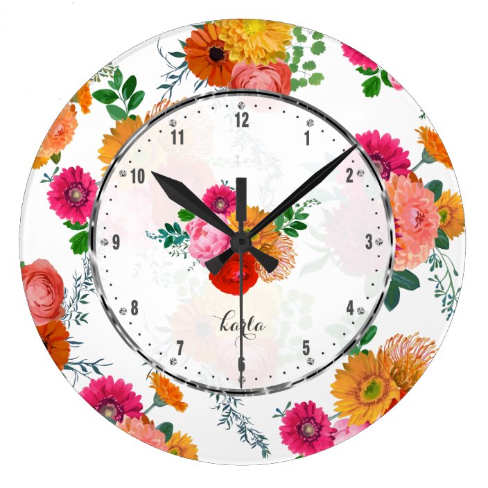 Spring Flowers Colourful Hand painted Illustration Large Clock | Zazzle ...