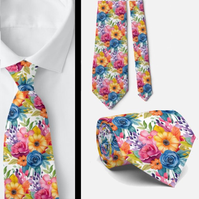 Spring Flowers Colourful Rainbow Watercolor Floral Tie (Creator Uploaded)