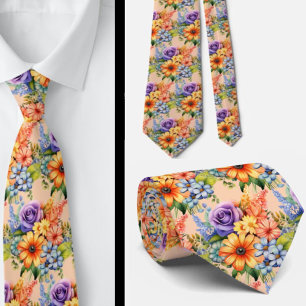 Spring Flowers Colourful Rainbow Watercolor Floral Tie