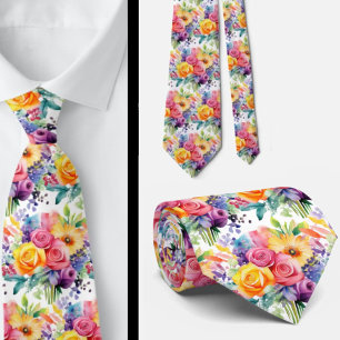 Spring Flowers Colourful Rainbow Watercolor Floral Tie
