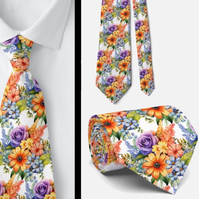 Spring Flowers Colourful Rainbow Watercolor Floral Tie (Creator Uploaded)