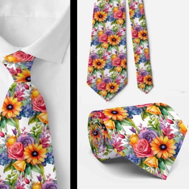 Spring Flowers Colourful Rainbow Watercolor Floral Tie (Creator Uploaded)