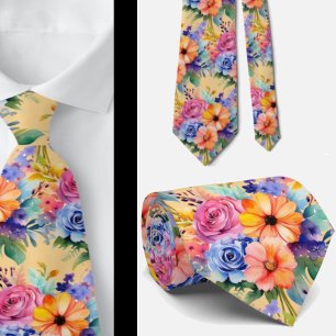 Spring Flowers Colourful Rainbow Watercolor Floral Tie