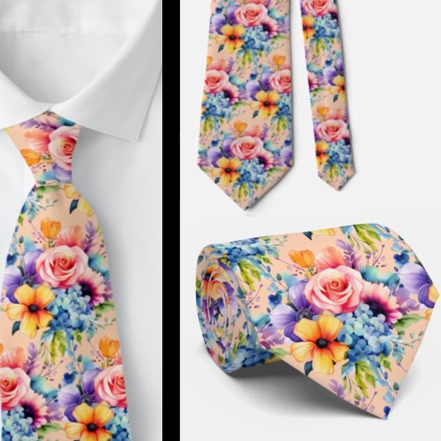 Spring Flowers Colourful Rainbow Watercolor Floral Tie (Creator Uploaded)