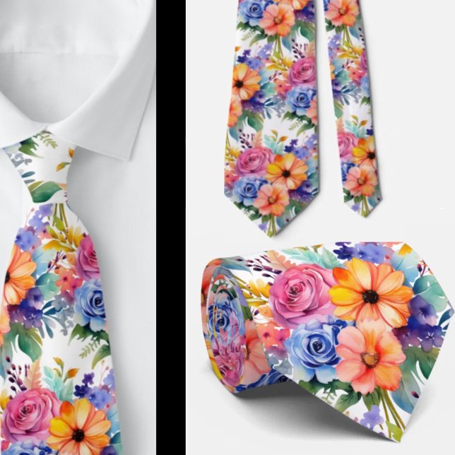 Spring Flowers Colourful Rainbow Watercolor Floral Tie (Creator Uploaded)