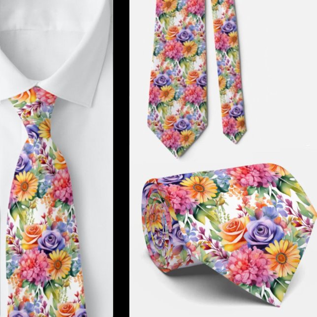 Spring Flowers Colourful Rainbow Watercolor Floral Tie (Creator Uploaded)