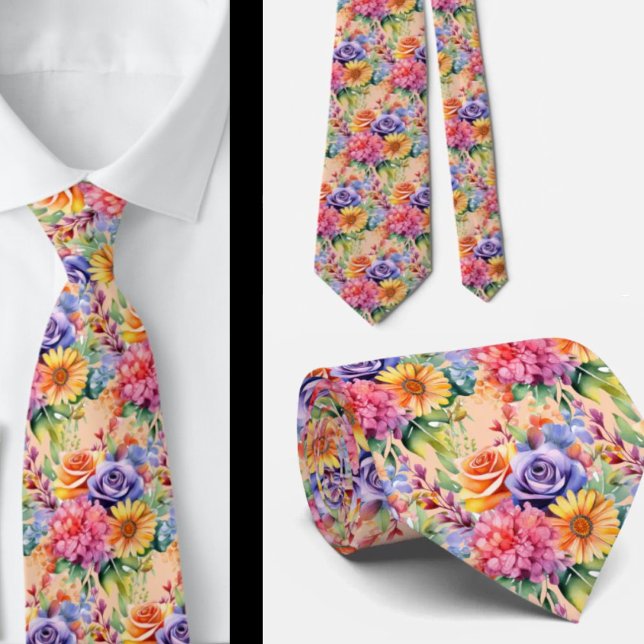 Spring Flowers Colourful Rainbow Watercolor Floral Tie (Creator Uploaded)