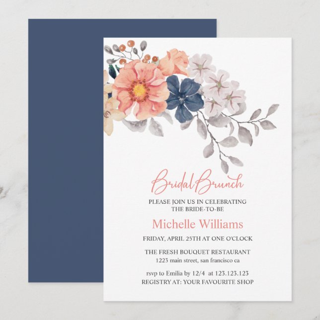 Spring Flowers Coral Navy Bridal Brunch Invitation (Front/Back)